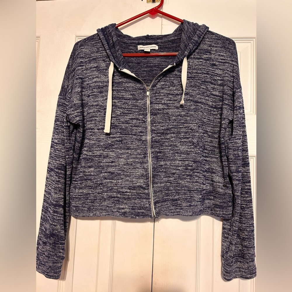 American Eagle Crop Stetch Zip Front Hoodie Blue/White Size S/P